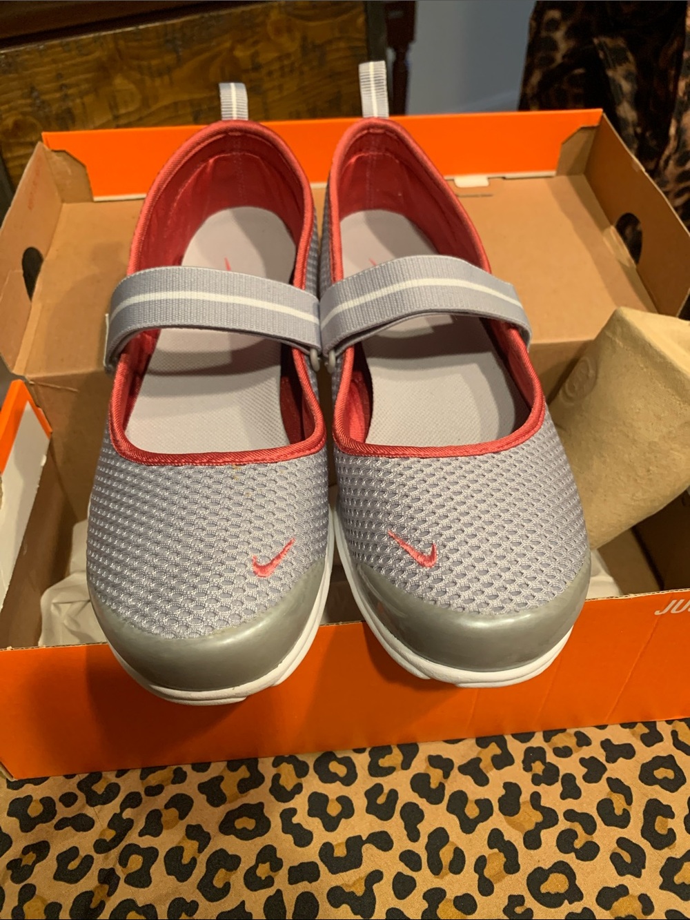 Nike Gray and Coral Slip-On Mary Jane Sneakers